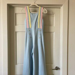 1970's Bowie style jumpsuit blue, pink + yellow